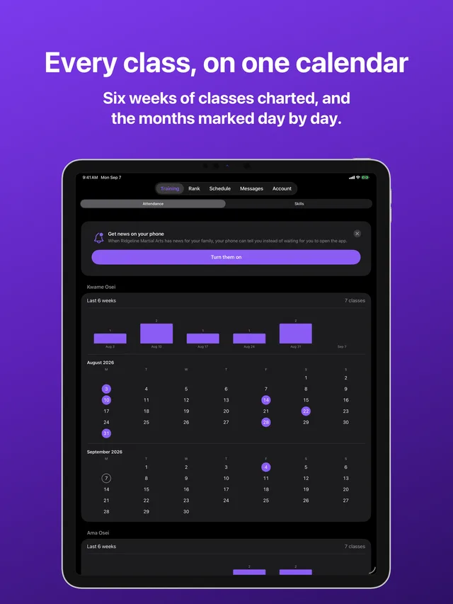 Training in Kihon Portal on iPad: a month calendar marked with every class attended, for each person in the family