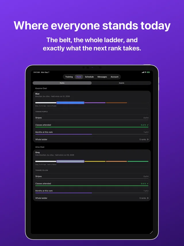 Rank in Kihon Portal on iPad: a belt for each person in the family, with the whole ladder and what the next rank requires