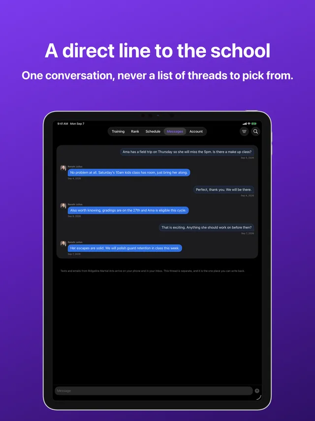 Messages in Kihon Portal on iPad: a single conversation between a family and the school