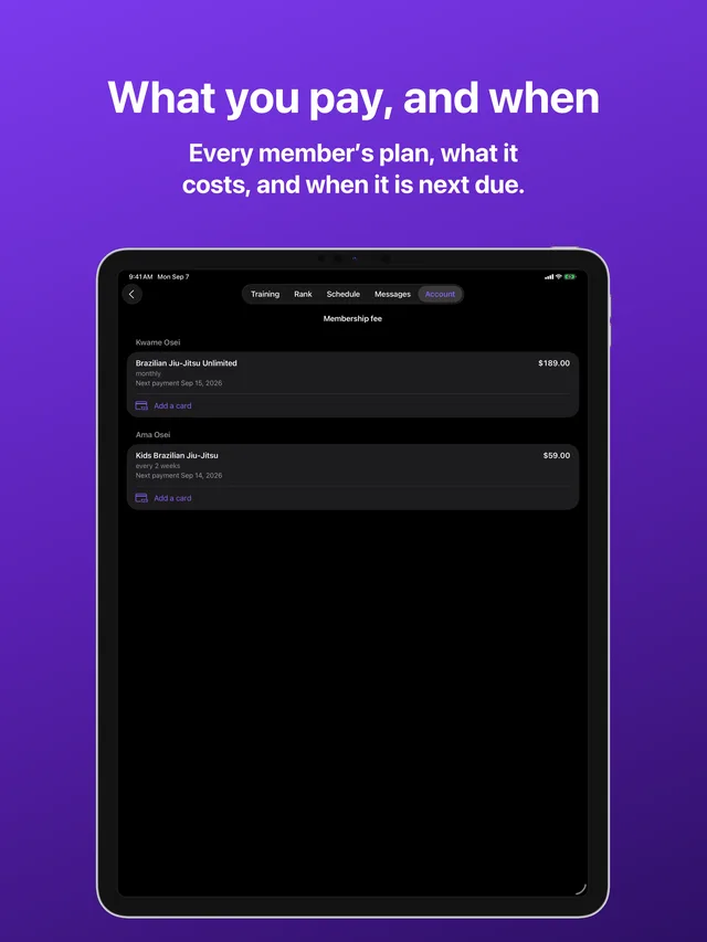 Billing in Kihon Portal on iPad: each family member's plan with its amount and next payment date