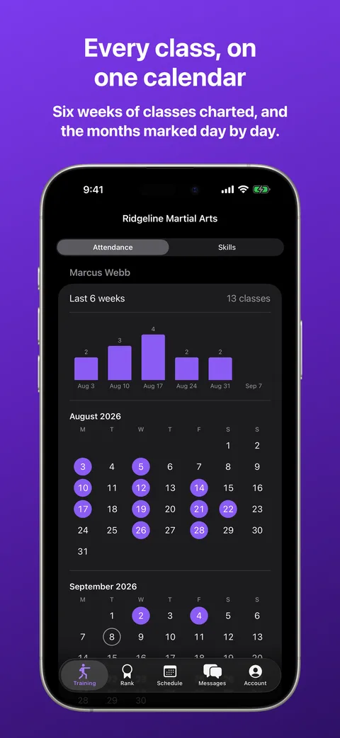 Training in Kihon Portal on iPhone: a month calendar marked with every class attended, and the last thirty days beside it