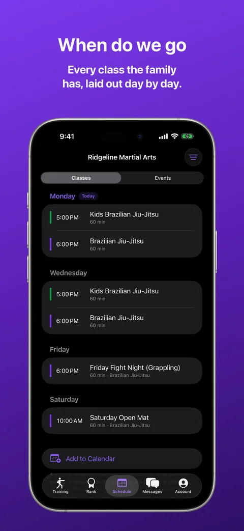 Schedule in Kihon Portal on iPhone: the standing week with the family's own classes listed first