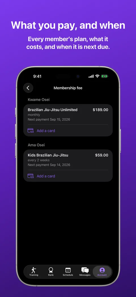 Billing in Kihon Portal on iPhone: each family member's plan with its amount and next payment date