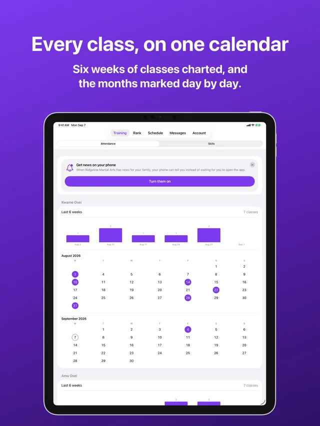 Training in Kihon Portal on iPad: a month calendar marked with every class attended, for each person in the family