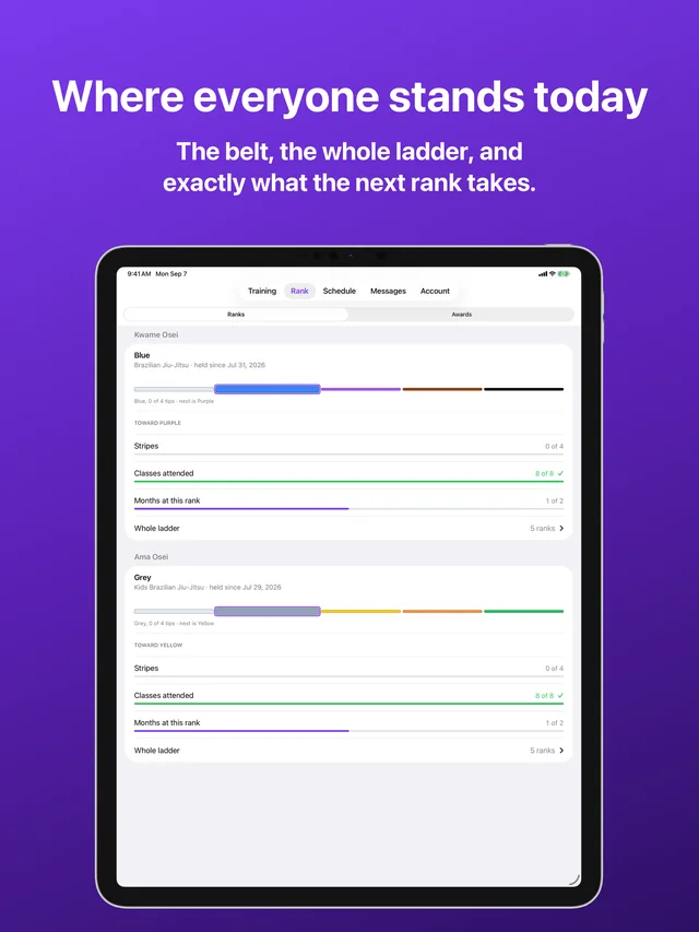 Rank in Kihon Portal on iPad: a belt for each person in the family, with the whole ladder and what the next rank requires