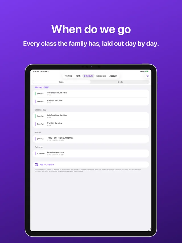 Schedule in Kihon Portal on iPad: the standing week grouped by day