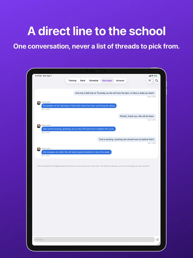 Messages in Kihon Portal on iPad: a single conversation between a family and the school