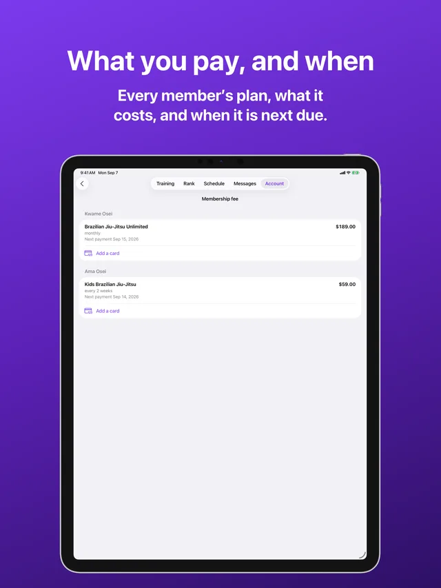 Billing in Kihon Portal on iPad: each family member's plan with its amount and next payment date