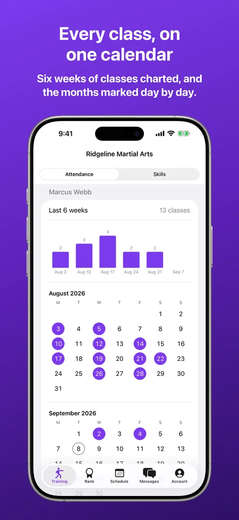 Training in Kihon Portal on iPhone: a month calendar marked with every class attended, and the last thirty days beside it