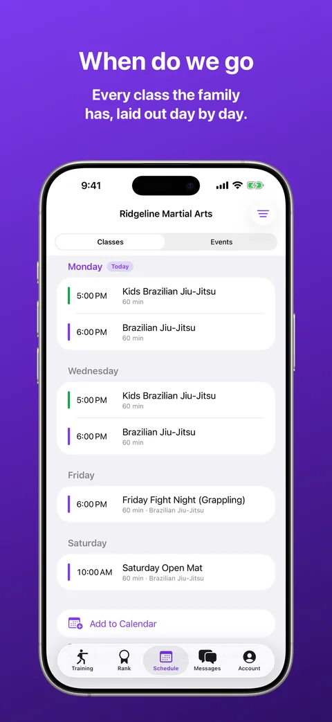 Schedule in Kihon Portal on iPhone: the standing week with the family's own classes listed first