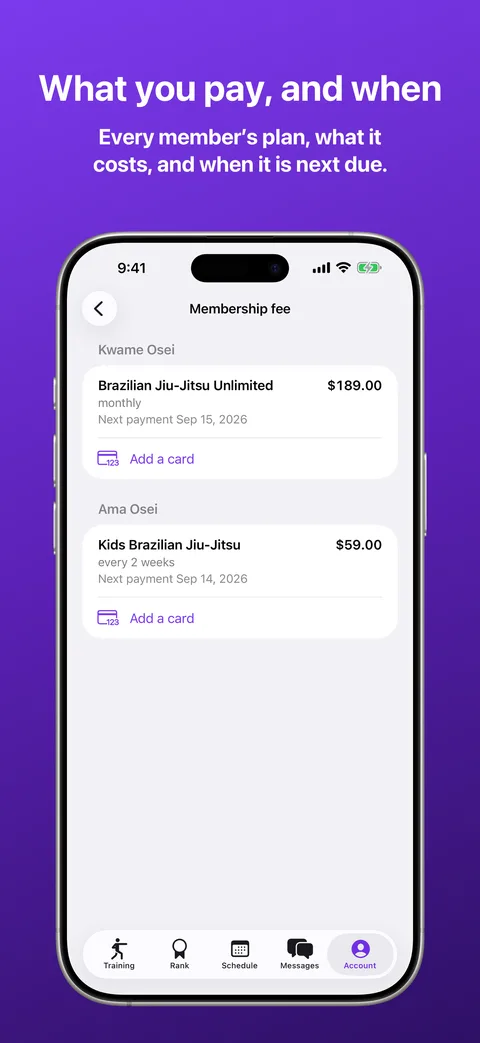 Billing in Kihon Portal on iPhone: each family member's plan with its amount and next payment date