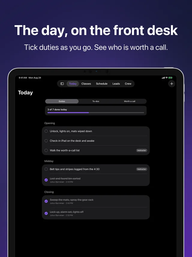 Today in Kihon Staff on iPad: the day's duty sheet and who is worth a call