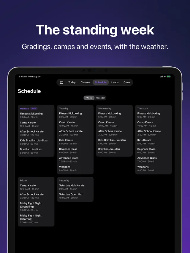 Schedule in Kihon Staff on iPad: the standing week plus gradings, camps and events
