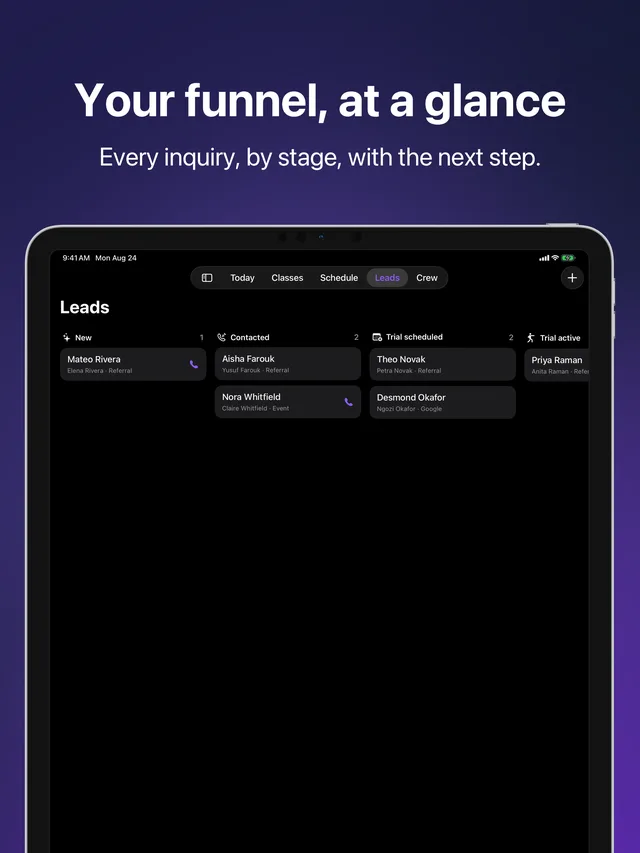 Leads in Kihon Staff on iPad: the funnel board