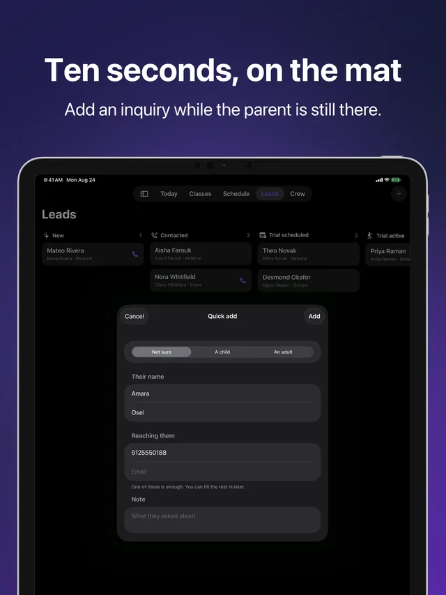 Quick add in Kihon Staff on iPad: adding an inquiry in ten seconds