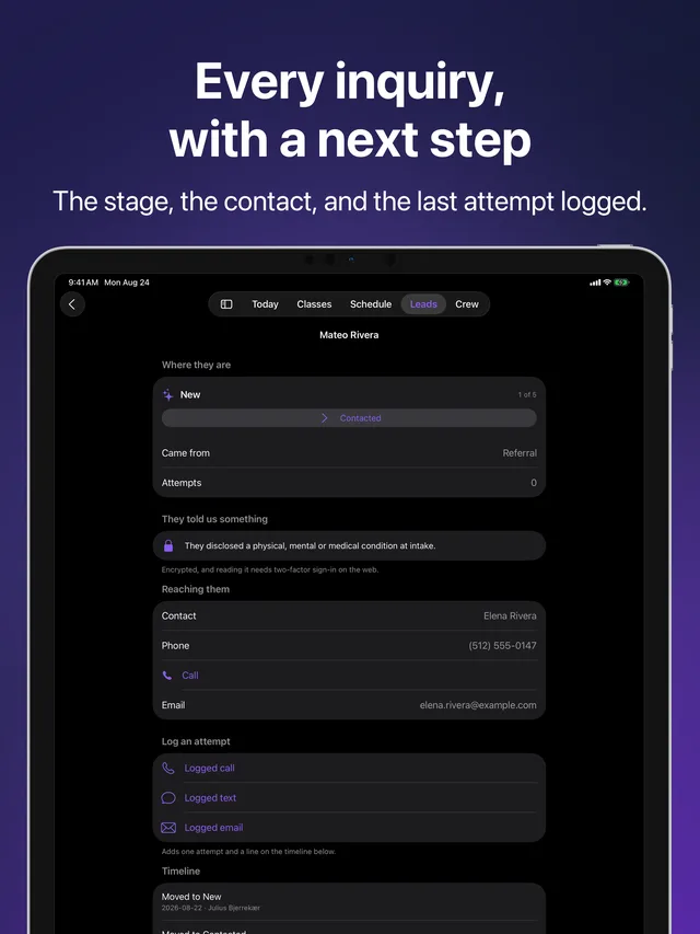 Lead profile in Kihon Staff on iPad: one inquiry with its stage, contact details and last attempt
