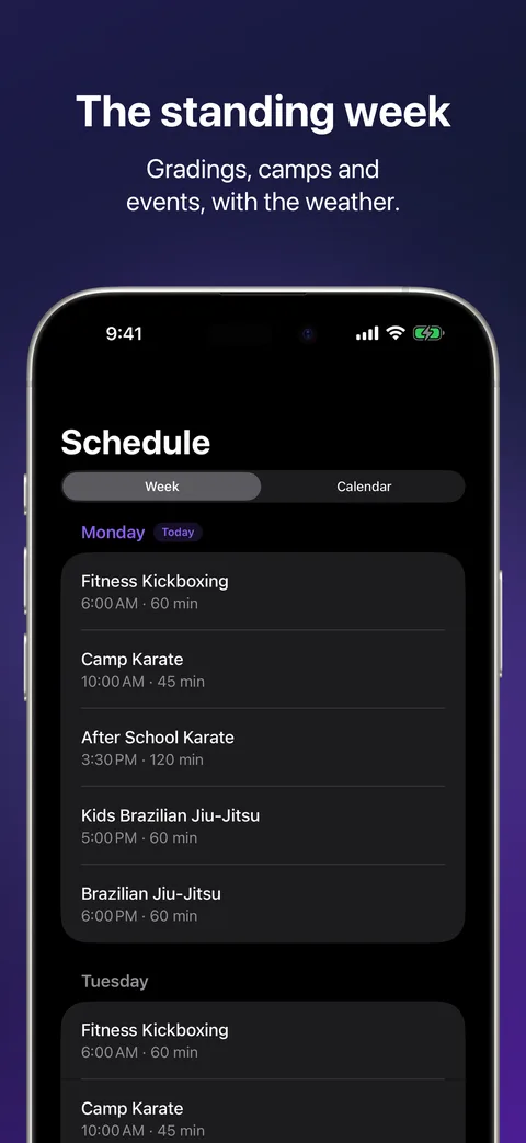 Schedule in Kihon Staff on iPhone: the standing week plus gradings, camps and events