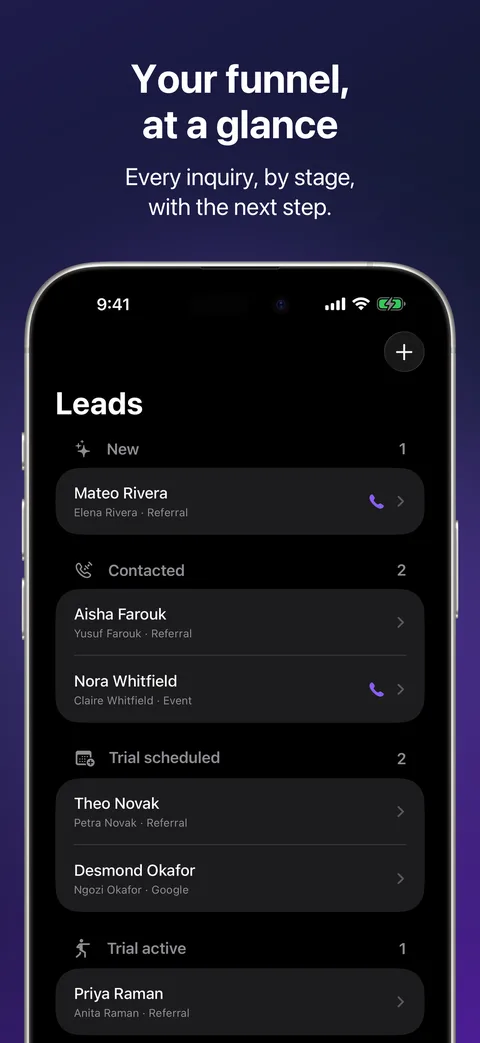 Leads in Kihon Staff on iPhone: the funnel board
