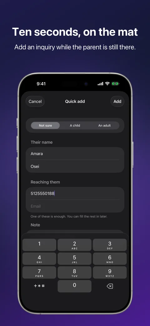Quick add in Kihon Staff on iPhone: adding an inquiry in ten seconds