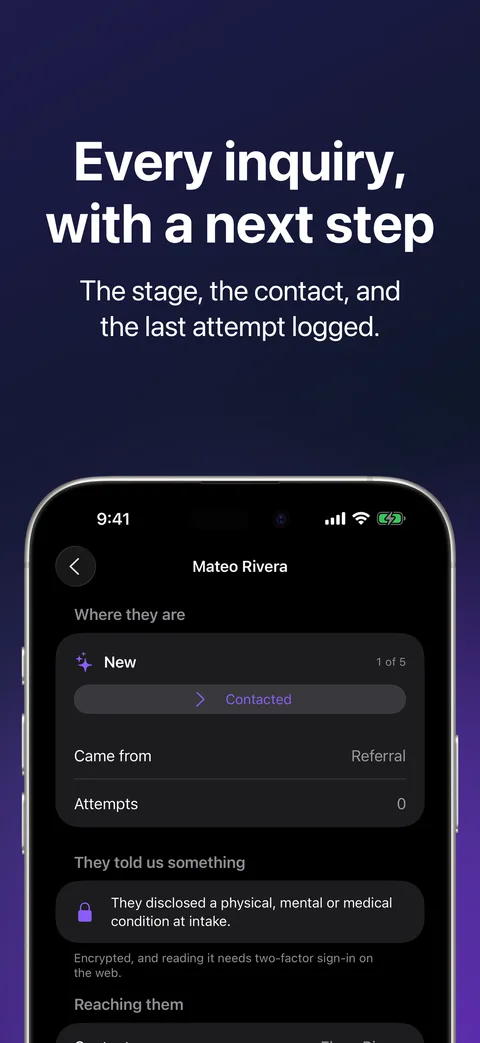 Lead profile in Kihon Staff on iPhone: one inquiry with its stage, contact details and last attempt