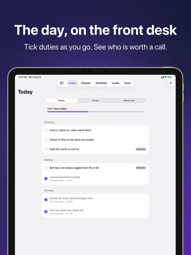 Today in Kihon Staff on iPad: the day's duty sheet and who is worth a call