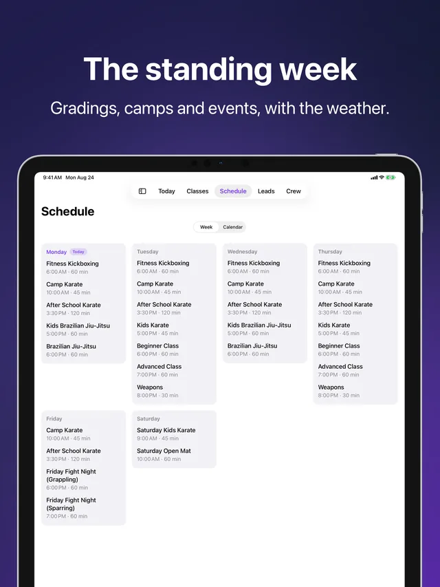 Schedule in Kihon Staff on iPad: the standing week plus gradings, camps and events
