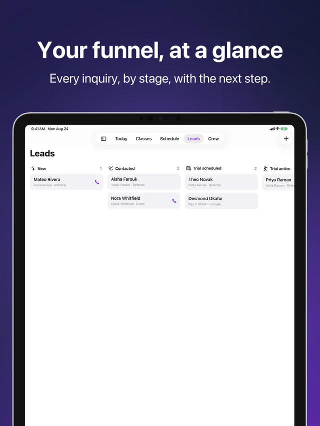 Leads in Kihon Staff on iPad: the funnel board