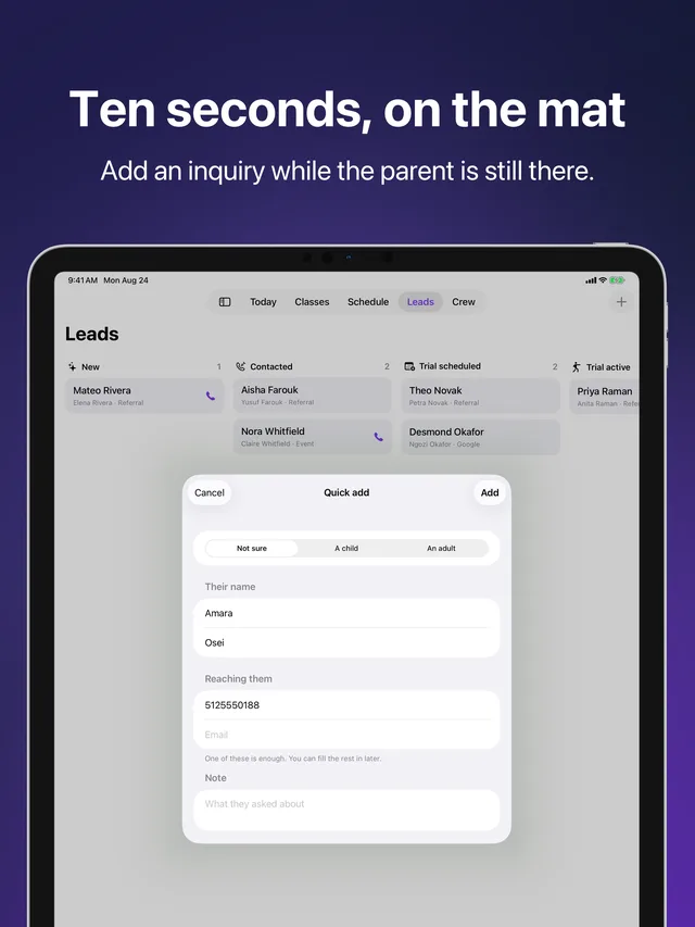 Quick add in Kihon Staff on iPad: adding an inquiry in ten seconds