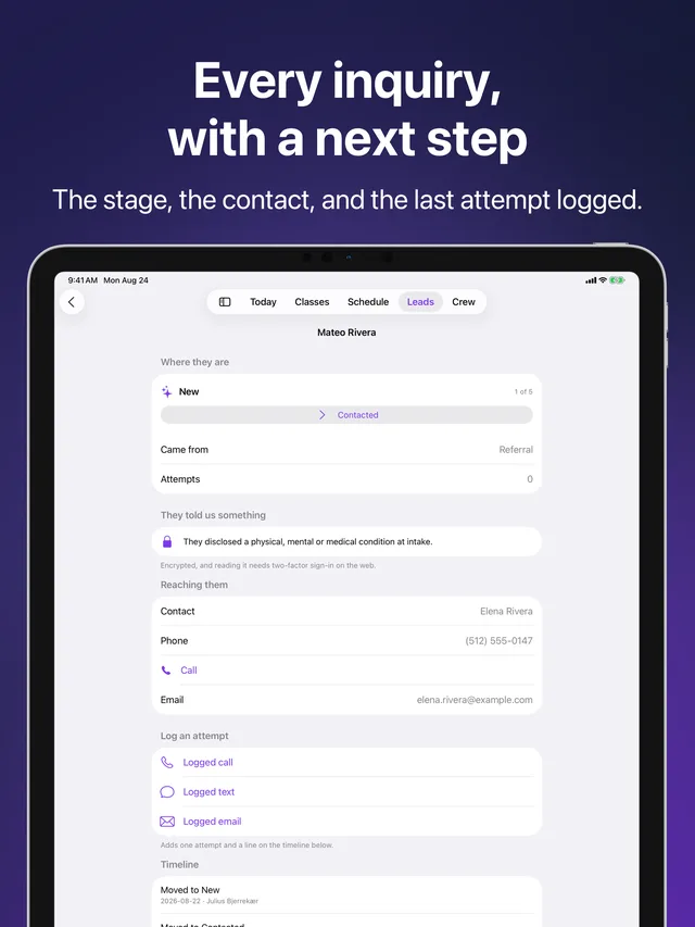 Lead profile in Kihon Staff on iPad: one inquiry with its stage, contact details and last attempt
