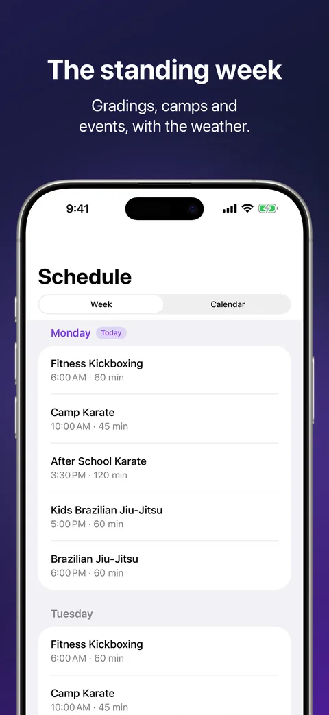 Schedule in Kihon Staff on iPhone: the standing week plus gradings, camps and events