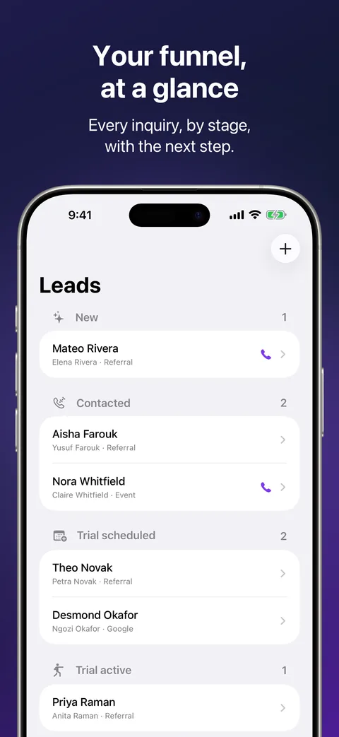 Leads in Kihon Staff on iPhone: the funnel board