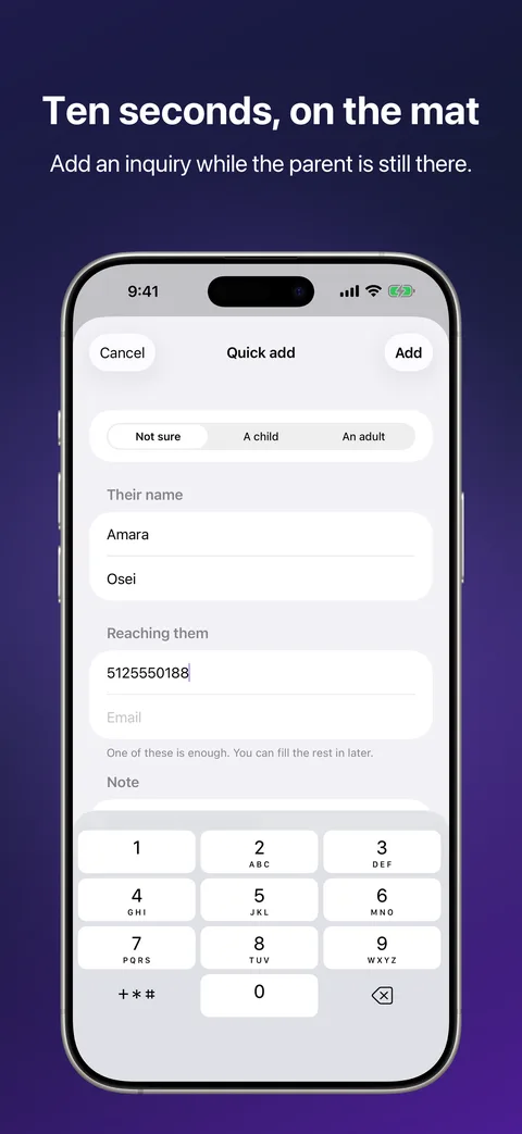 Quick add in Kihon Staff on iPhone: adding an inquiry in ten seconds