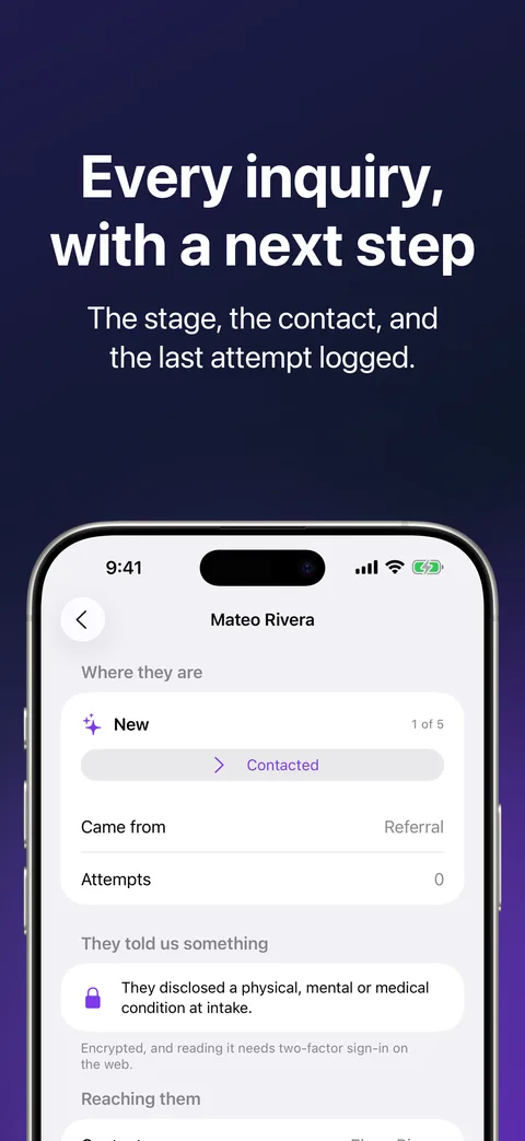 Lead profile in Kihon Staff on iPhone: one inquiry with its stage, contact details and last attempt