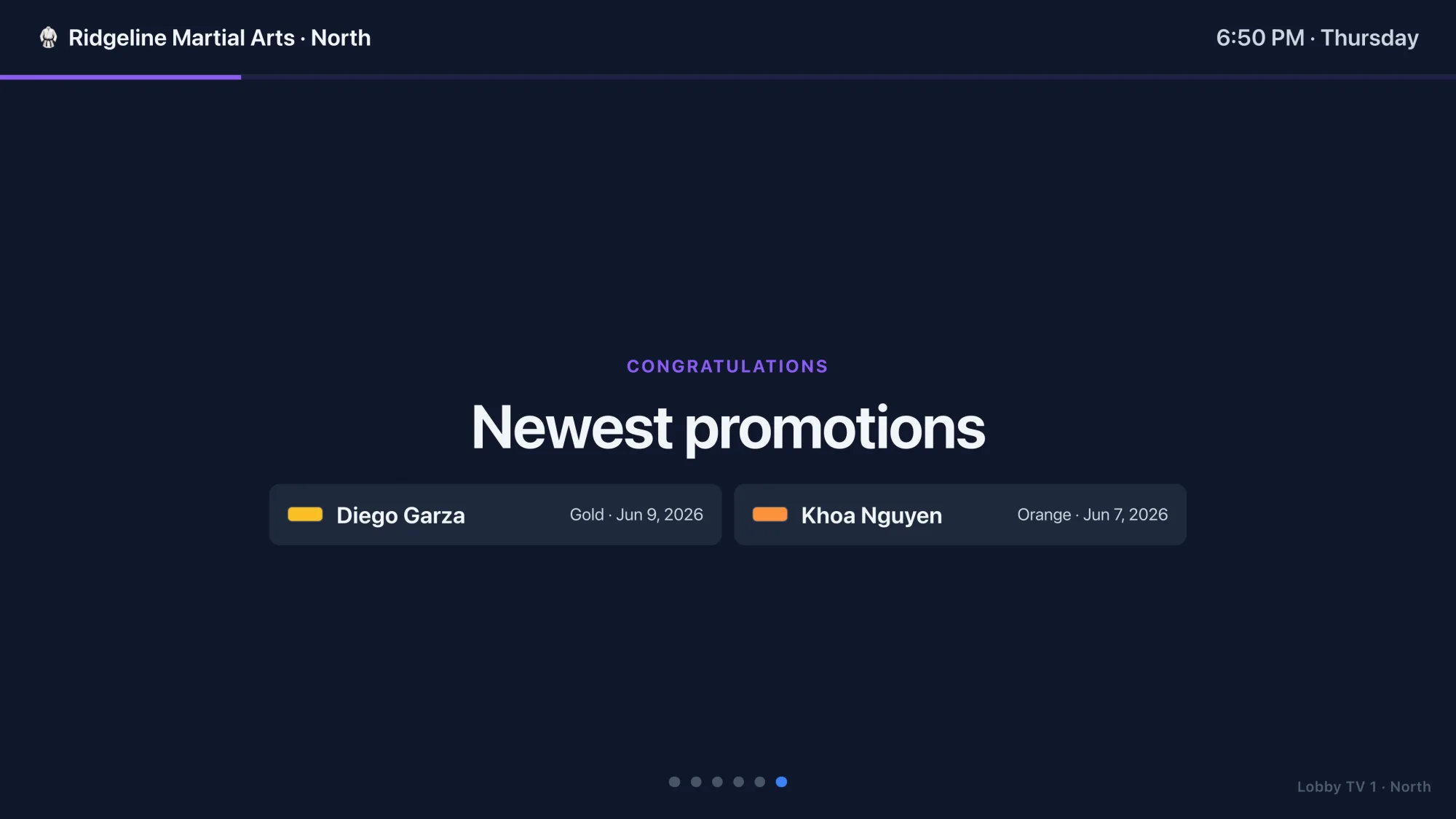 Kihon info screen showing a Newest promotions slide with two recent belt promotions