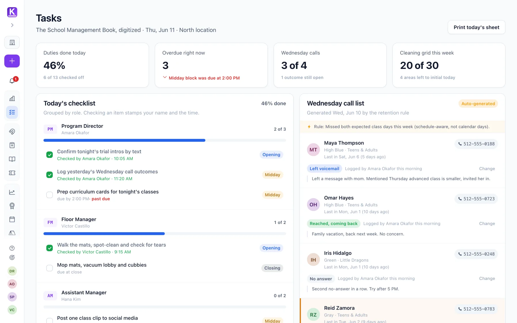 Kihon Tasks: the school management book digitized, with role checklists and a retention call list